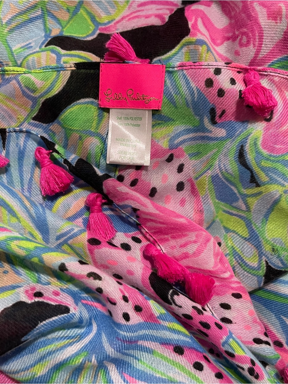 Lilly Pulitzer Tropical Print Infinity Scarf Pink Tassel Pom Trim Animal Print - Picture 5 of 5